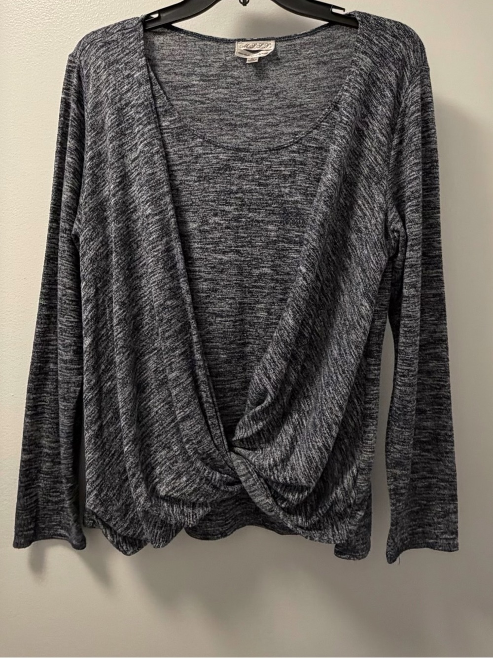 M.S.S.P. Grey Marled Twist-Front Layered-Look Long Sleeve Top Large